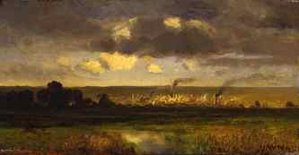 Mary Nimmo Moran, View of Newark from the Meadows. Oil on wood, circa 1879. Newark Museum, Gift of Allen McIntoch 1956, 56.171.